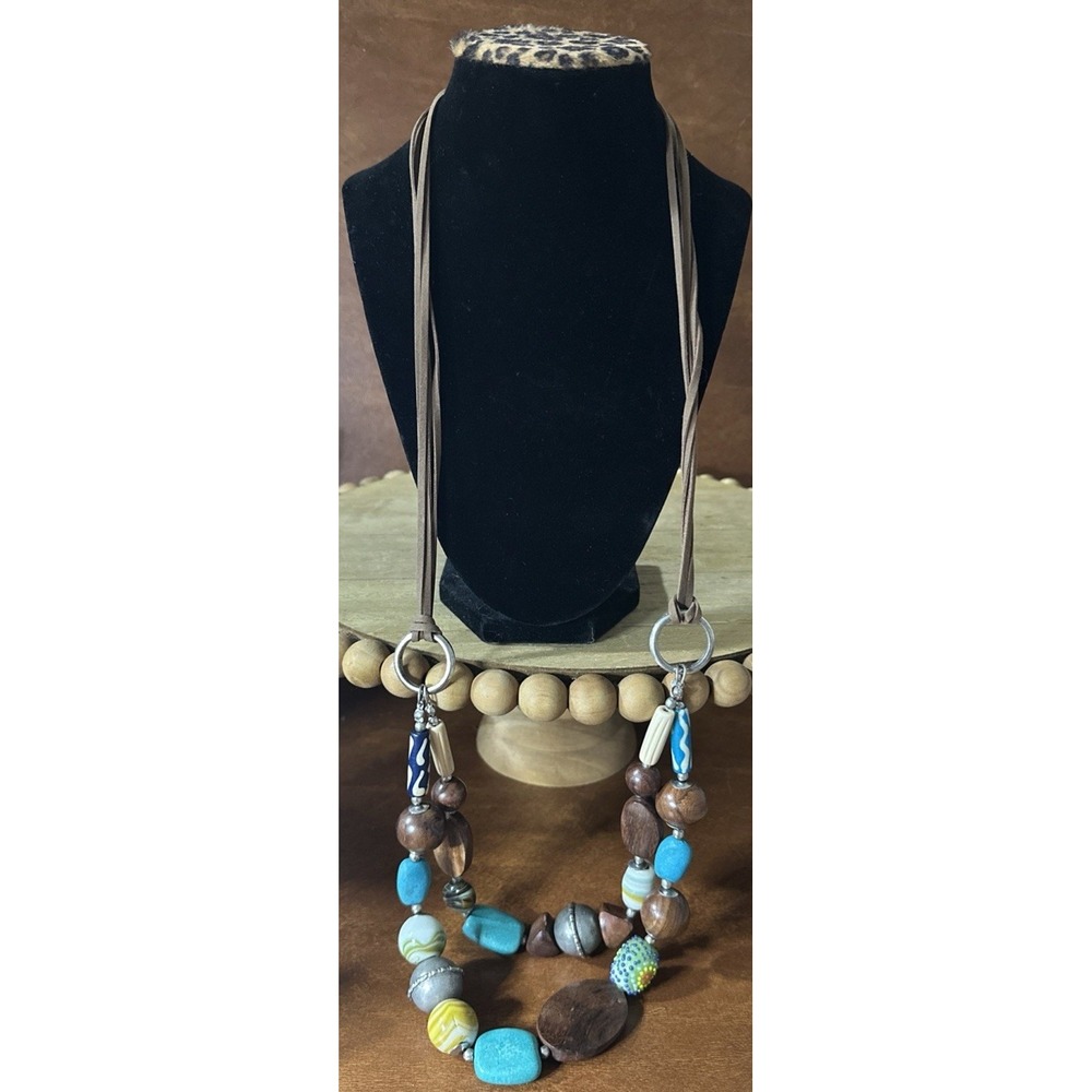 Tagua nut  Necklace Turquoise, Chunky, Leather, Wood Boutique, Handmade20"